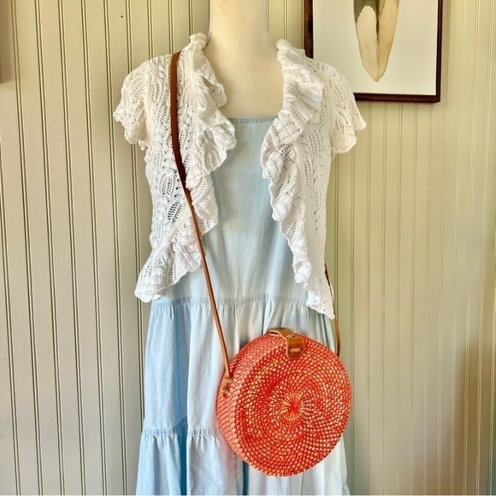 Lord & Taylor ATA Bali Circle Rattan Woven Salmon Orange Crossbody Bag